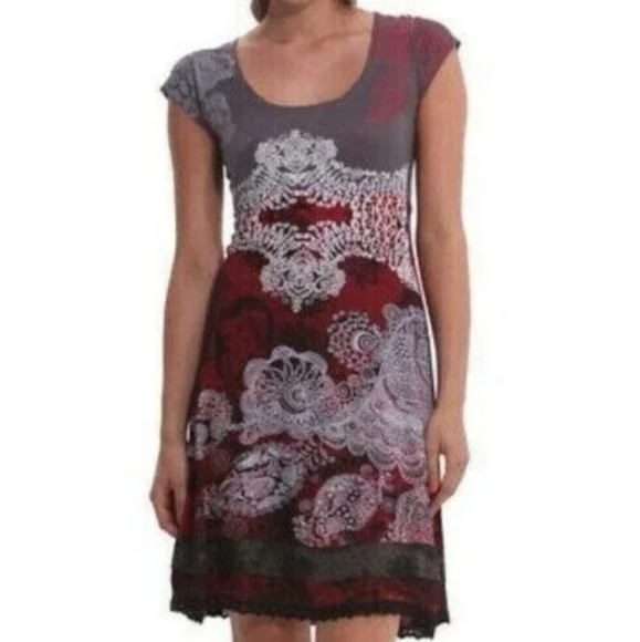 Desigual 90's 00's Artsy cap sleeve belted ruffle trim dress size medium - Picture 1 of 10
